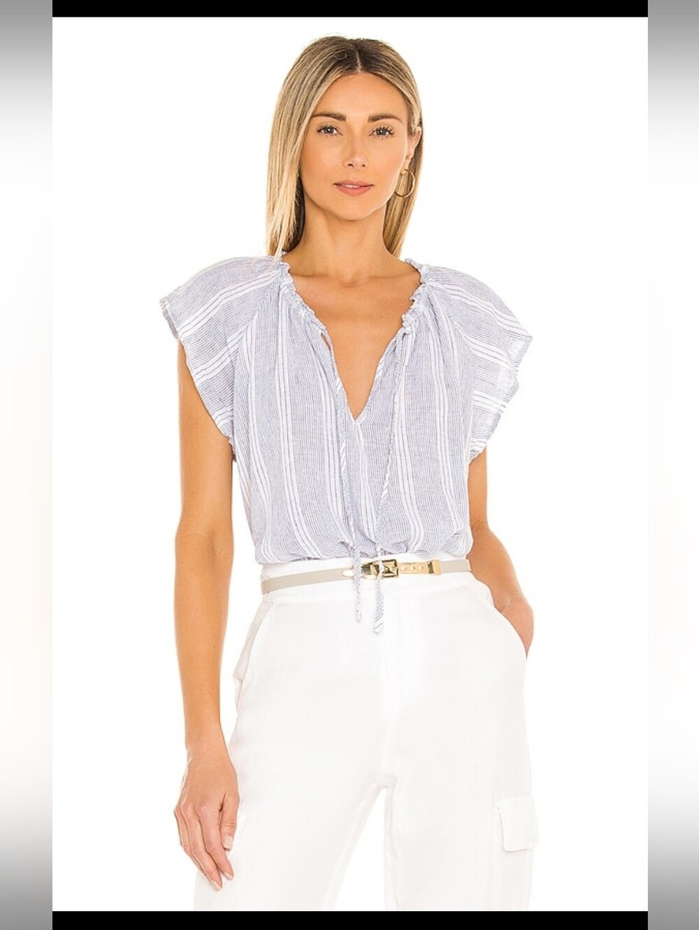 Rails Raven Top Alameda Stripe Linen Blend Blue White Blouse Large